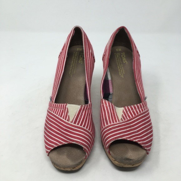 TOMS RED WHITE STRIPE WEDGE PEEP TOE HEELS 6 - Picture 2 of 6